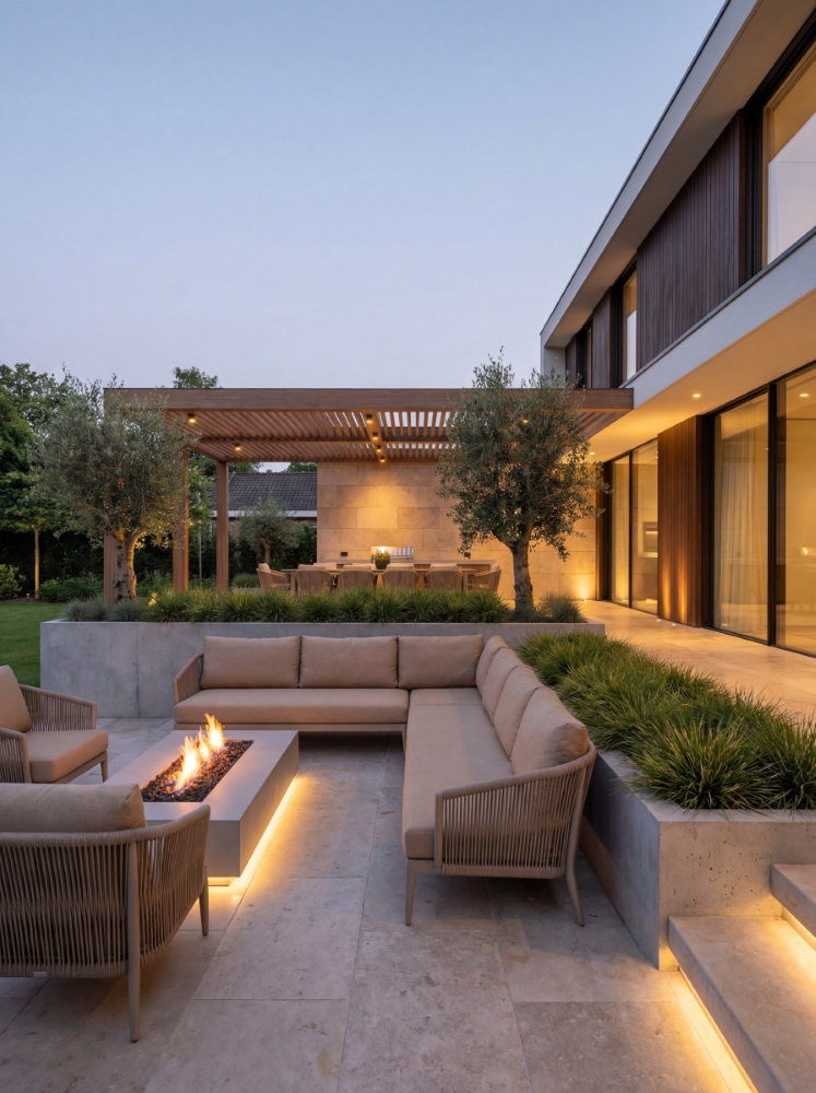 Modern backyard with fire pit