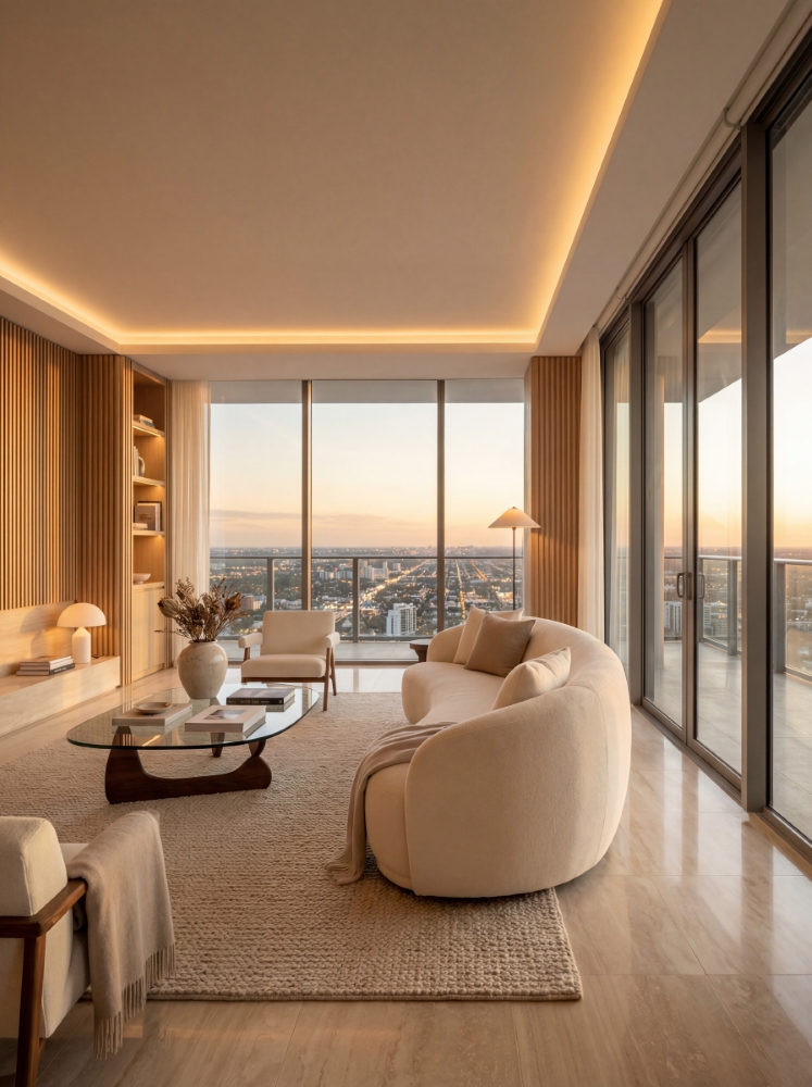 Luxury living room at sunset